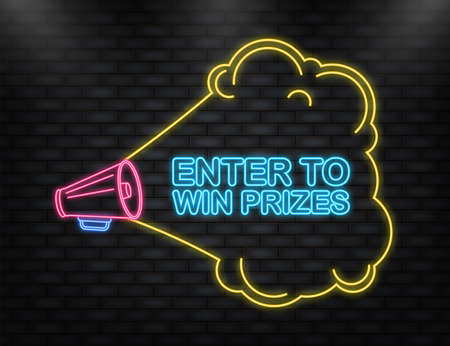Neon Icon. Megaphone blue banner with enter to win prizes sign. Vector illustration.のイラスト素材