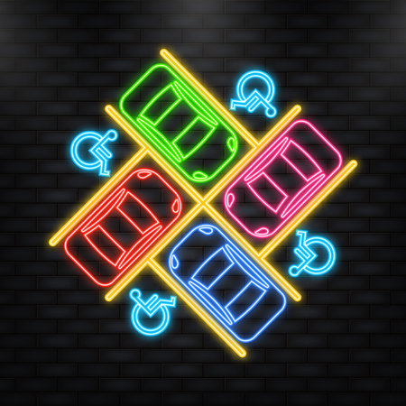 Neon Icon. Parking lot design with wheel chair sign parking spot. Many cars parked. Vector Illustrationのイラスト素材