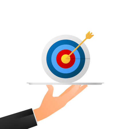 Target with an arrow flat icon concept market goal picture image on blue background. Vector illustration.のイラスト素材