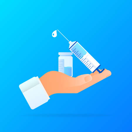 Vaccine COVID-19 vector icon. Syringe and blue vaccine vial. Vector illustrationのイラスト素材