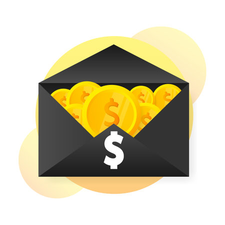 Envelope with coins in cartoon style on red background. Red backgroundのイラスト素材
