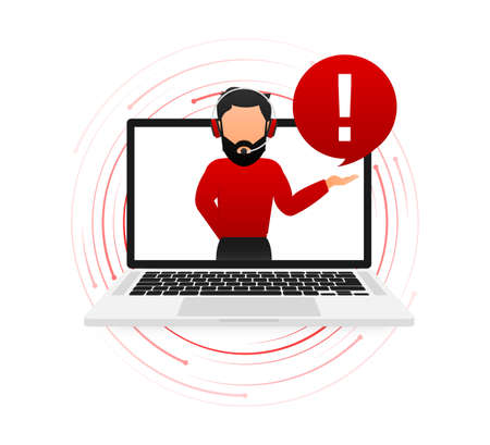 Smartphone with danger sign with man on screen on red background. Vector illustrationのイラスト素材