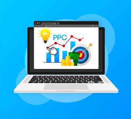 Cartoon illustration on blue backdrop. Abstract ppc for marketing advertising design. Isometric illustrationのイラスト素材