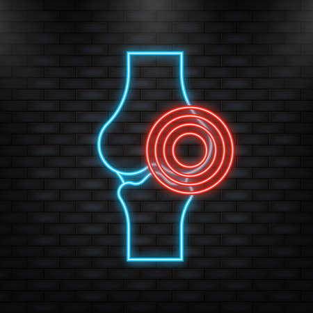Infographic with joint pain. Neon icon. Human knee bone joint line iconのイラスト素材