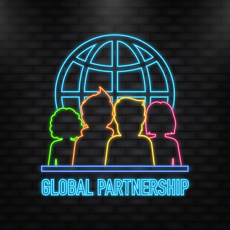 Flat style global partnership. Global social network. Neon icon. Digital technologyのイラスト素材