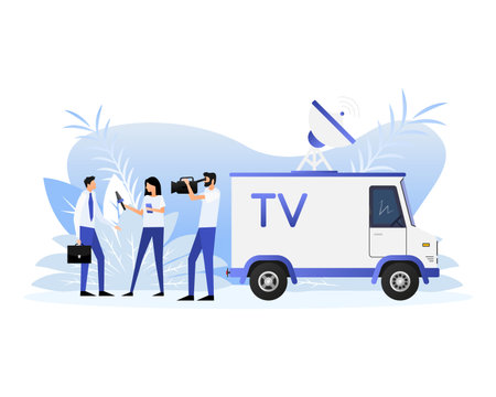 Flat illustration with tv bus people. Vector illustration design.のイラスト素材