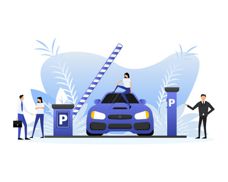 Flat style parking with car and people. Cartoon vector illustrationのイラスト素材