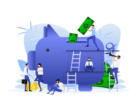 Save money piggy with flat people. Vector illustration backgroundのイラスト素材