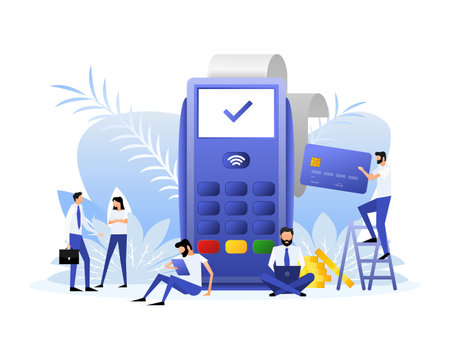 POS Terminal and smartphone on a white background. Flat style people. Vector illustrationのイラスト素材