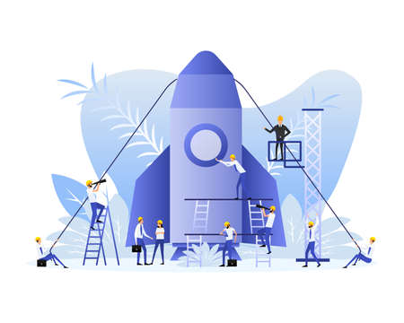 Poster with rocket people. Startup company launch concept, flat tiny person vector illustrationのイラスト素材