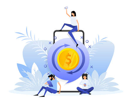 Cashback concept logo. Flat style characters.Cash back blue banner on white background.のイラスト素材