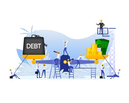 Man holds scales with coins and debts. Abstract icon. Finance isometricのイラスト素材