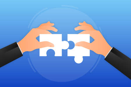 Hands putting puzzle pieces. Teamwork concept. Vector illustration.のイラスト素材