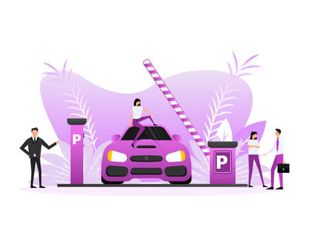 Flat style parking with car and people. Cartoon vector illustrationのイラスト素材