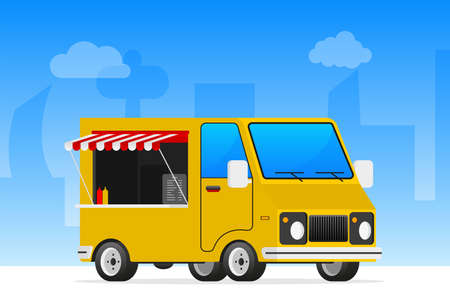 Food bus in retro style. Street Food truck. Vector illustration.のイラスト素材
