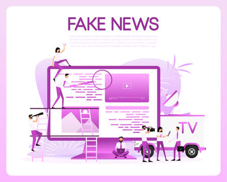 Fake news on laptop screen. Scanning with magnifying glass.のイラスト素材