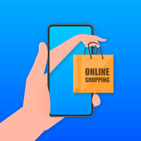 Flat shop, great design for any purposes. 3d hand with bag. Flat vector illustration. Online shopのイラスト素材