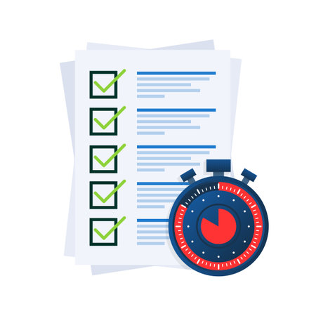 Quick survey. Badge icon. Check list and stopwatch. Exam application. Quick survey sign.のイラスト素材