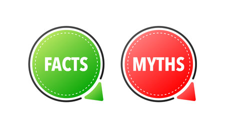 Facts vs myths, fact-checking. Check mark. Fake news. Rumors comparing with true information. Facts vs myths label.のイラスト素材
