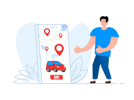 A man stands near the smartphone, on the screen car sharing and rent service. Mobile app ordering automobile.のイラスト素材
