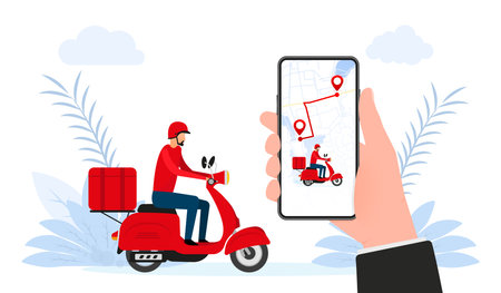 Delivery app on a smartphone tracking a delivery man on a moped. Delivery and online shopping.のイラスト素材