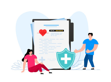 A man and a woman are standing near Electronic medical card. Health insurance. Patient holding insurance ID card.のイラスト素材