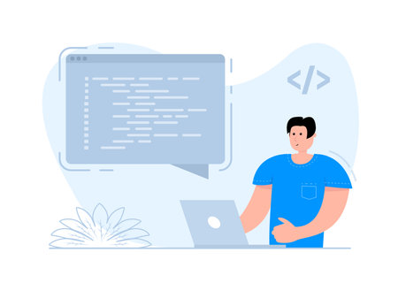 A man stands near the smartphone, on the screen Programmer working. Software programming. Writing code.のイラスト素材