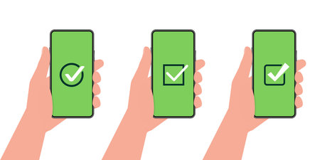 Hand holding a tablet. Using digital tablet pc. Empty screen. Approved choice. Accept or approve checkmark.のイラスト素材