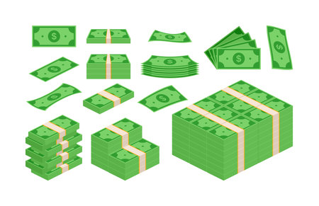 Huge packs of paper money. Dollar bills. Twisted paper bills and stack of currency banknotesのイラスト素材