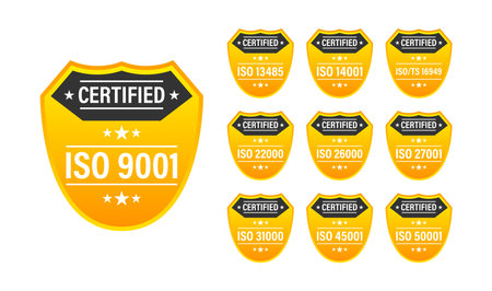ISO certified set stamp and labels. Quality management system certifiedのイラスト素材