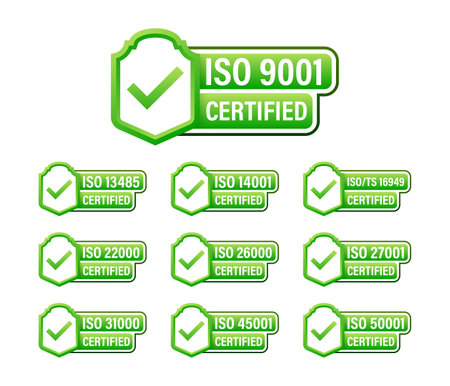 ISO certified set stamp and labels. Quality management system certifiedのイラスト素材