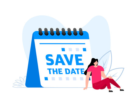 Calendar with text save the date. Girl sitting near the calendar. Memorable Announcements and Invitations for Special Events and Occasionsのイラスト素材