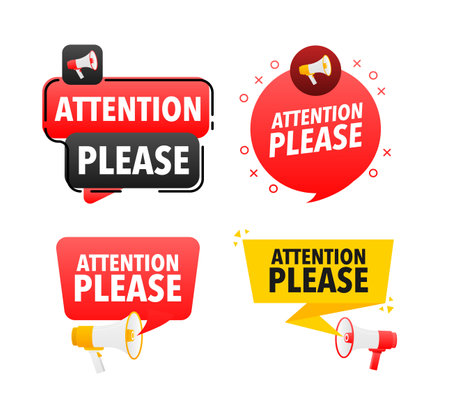 Megaphone label set with text attention please. Attention please announcement bannerのイラスト素材