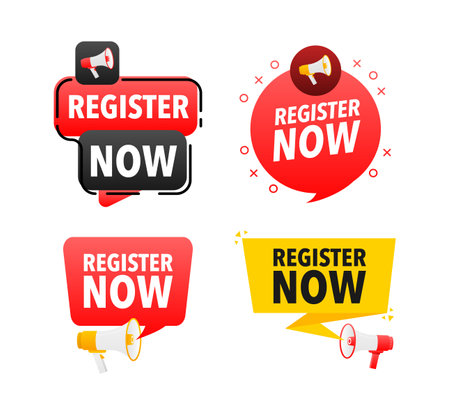 Megaphone label set with text Register now. Register now announcement bannerのイラスト素材