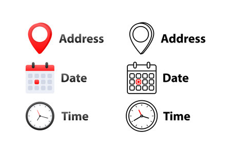 Address, date, time icons. Event elements. Location place, date reminderのイラスト素材