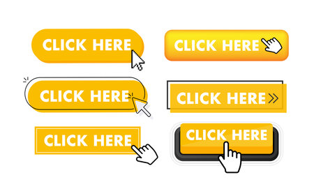 Set of click here button. Hand pointer clicking. Click here web buttonsのイラスト素材