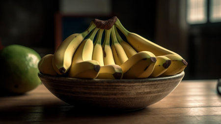 A bunch of bananas in a bowl on the kitchen table. Generative AIの素材