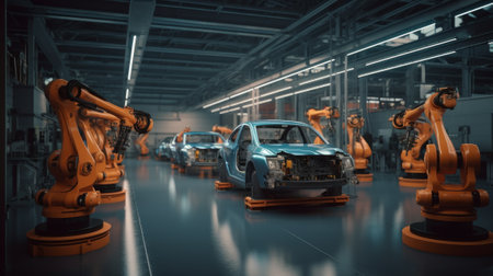 Car Factory 3D Concept Automated Robot Arm Assembly. Generative AIの素材