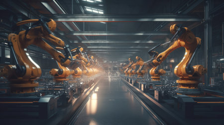Car Factory 3D Concept Automated Robot Arm Assembly. Generative AIの素材