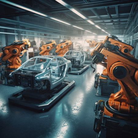 Car Factory 3D Concept Automated Robot Arm Assembly. Generative AIの素材