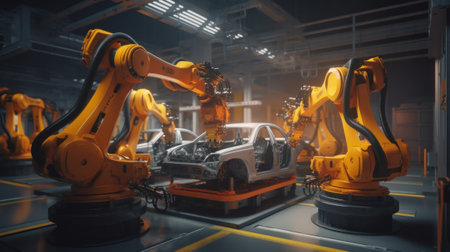 Car Factory 3D Concept Automated Robot Arm Assembly. Generative AIの素材