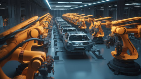Car Factory 3D Concept Automated Robot Arm Assembly. Generative AIの素材