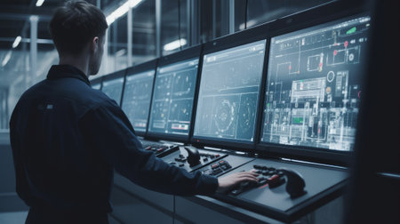 The operator controls the production line of the works. Industry 4.0. Generative AIの素材
