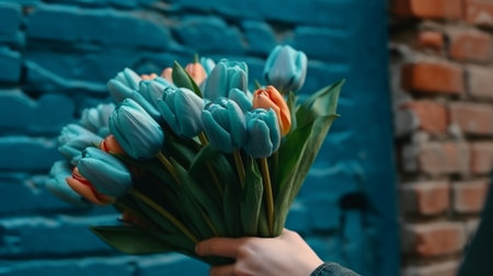 A mans hand holds a beautiful bouquet of tulips agains. Generative AIの素材