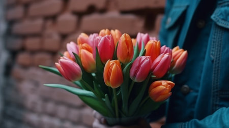 A mans hand holds a beautiful bouquet of tulips agains. Generative AIの素材
