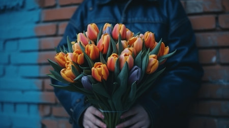 A mans hand holds a beautiful bouquet of tulips agains. Generative AIの素材
