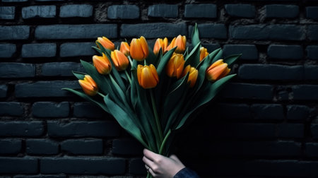 A mans hand holds a beautiful bouquet of tulips agains. Generative AIの素材