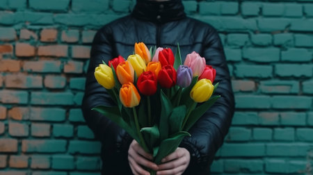 A mans hand holds a beautiful bouquet of tulips agains. Generative AIの素材