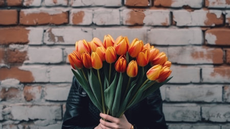 A mans hand holds a beautiful bouquet of tulips agains. Generative AIの素材