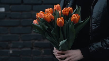 A mans hand holds a beautiful bouquet of tulips agains. Generative AIの素材